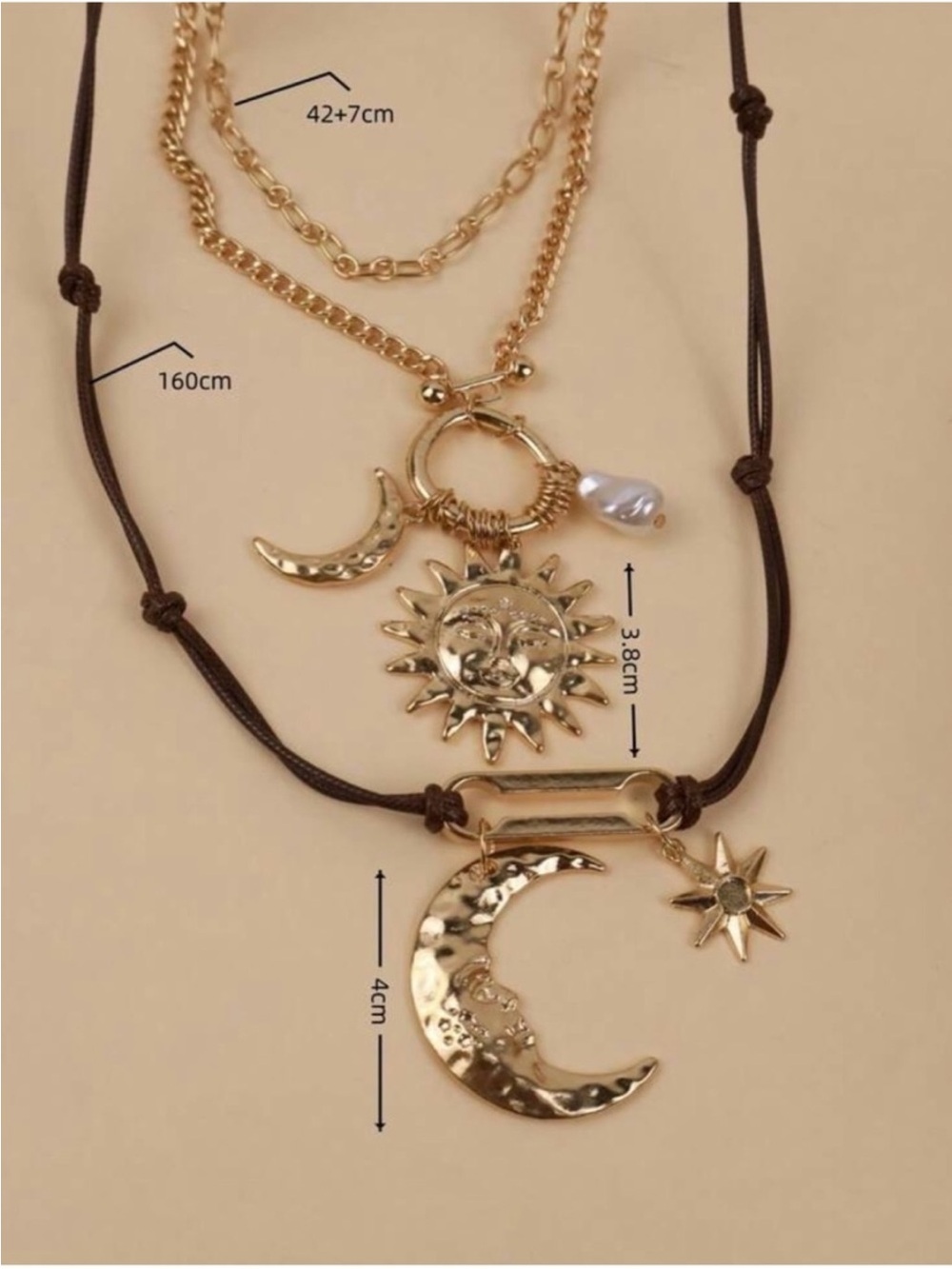 Free People Ser Layered Gold Sun & Moon Pendant Necklace with Brown Cord - Picture 4 of 6
